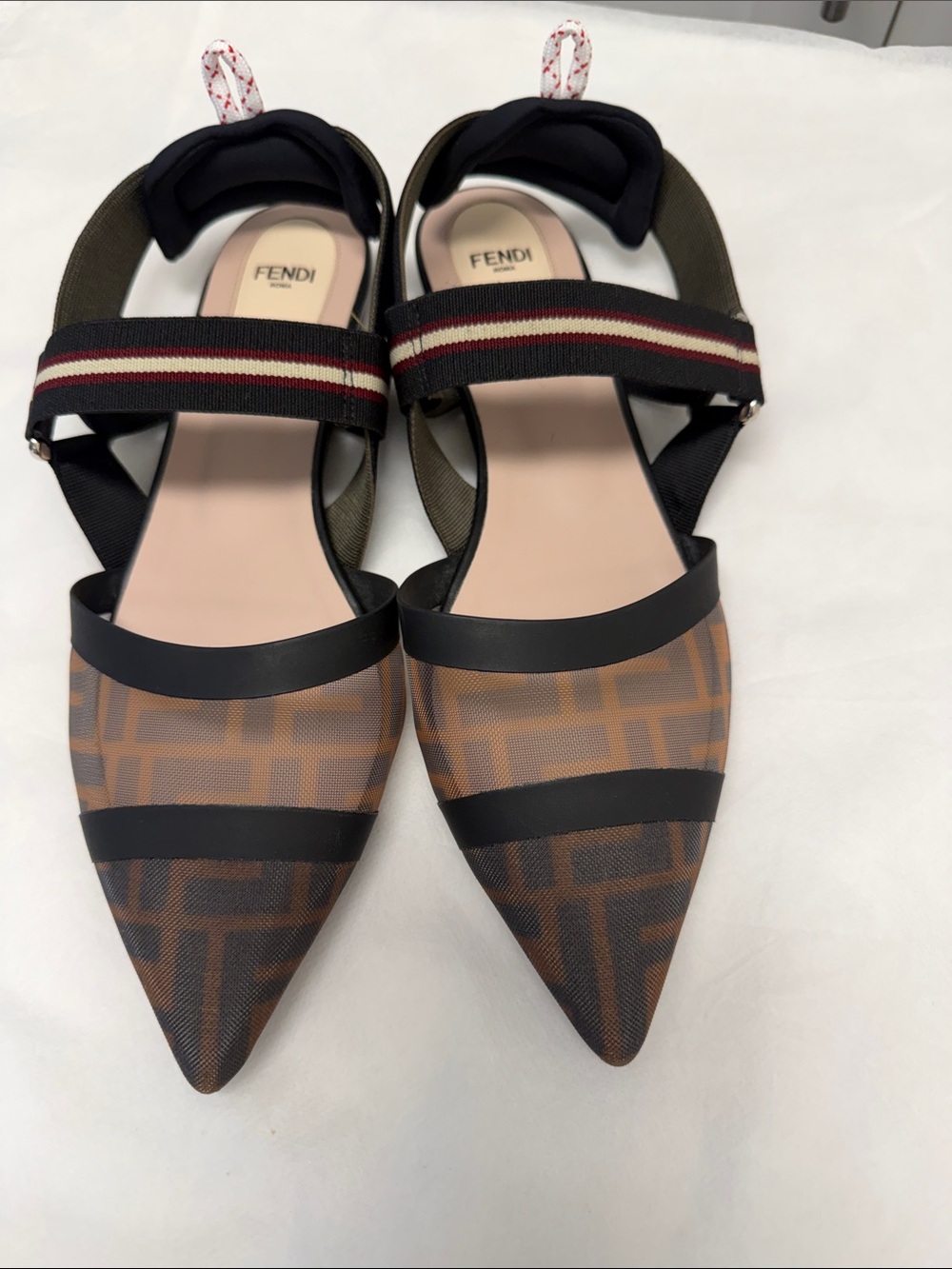 Fendi Brown Monogram Pointed Slingback Flats with Black Straps